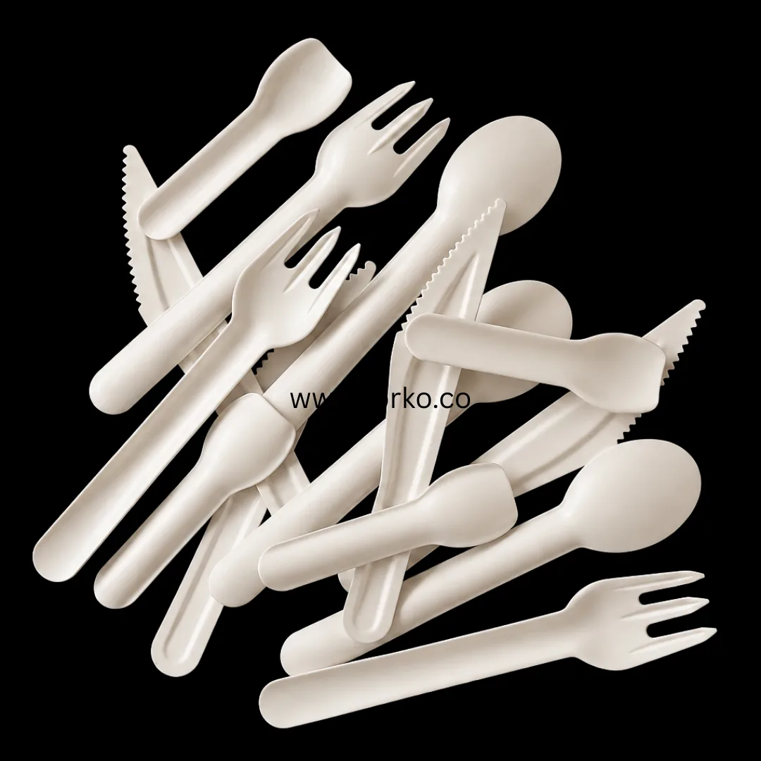 A spread of biodegradable paper spoons, forks and knives by Forko Green, ready for custom logo printing